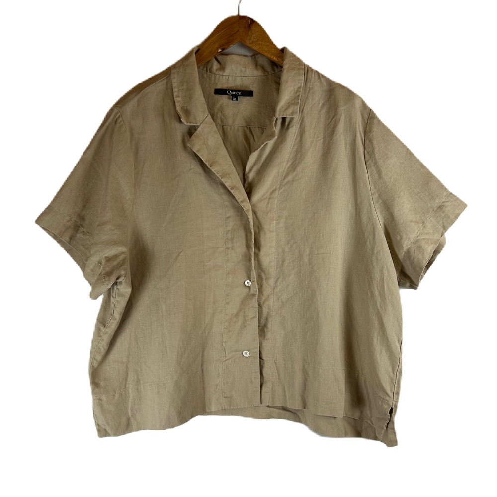 Quince Women XL Tan 100% Organic Linen Short Sleeve Button Down Boxy Shirt Top
